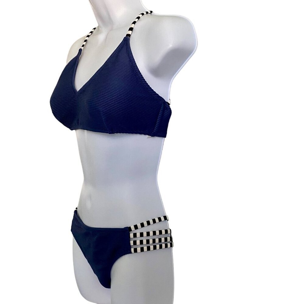 Cupshe Two Piece Blue Ribbed Strappy Low Waist Bikini Swim Suit Medium NEW NWT - Picture 3 of 12